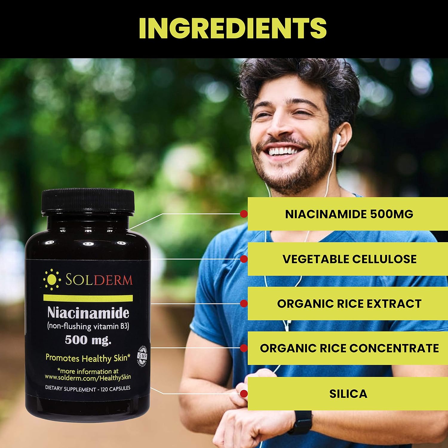 SOLDERM Niacinamide 500mg – No-Flush Vitamin B3, 120 Vegetarian Capsules