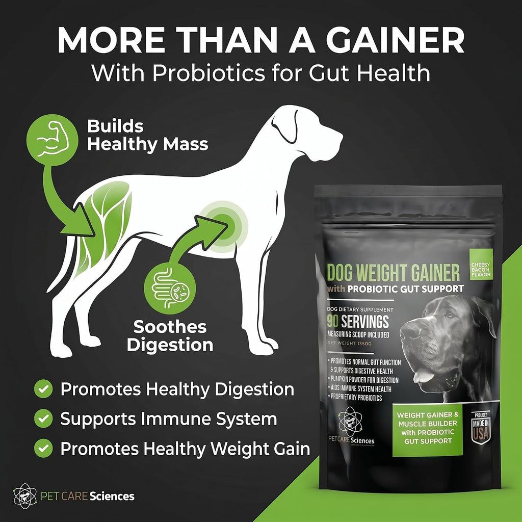 Dog Weight Gainer con Probióticos - Suplemento para Ganar Peso y Músculo en Perros - 90 Dosis - Sabor Queso y Bacon