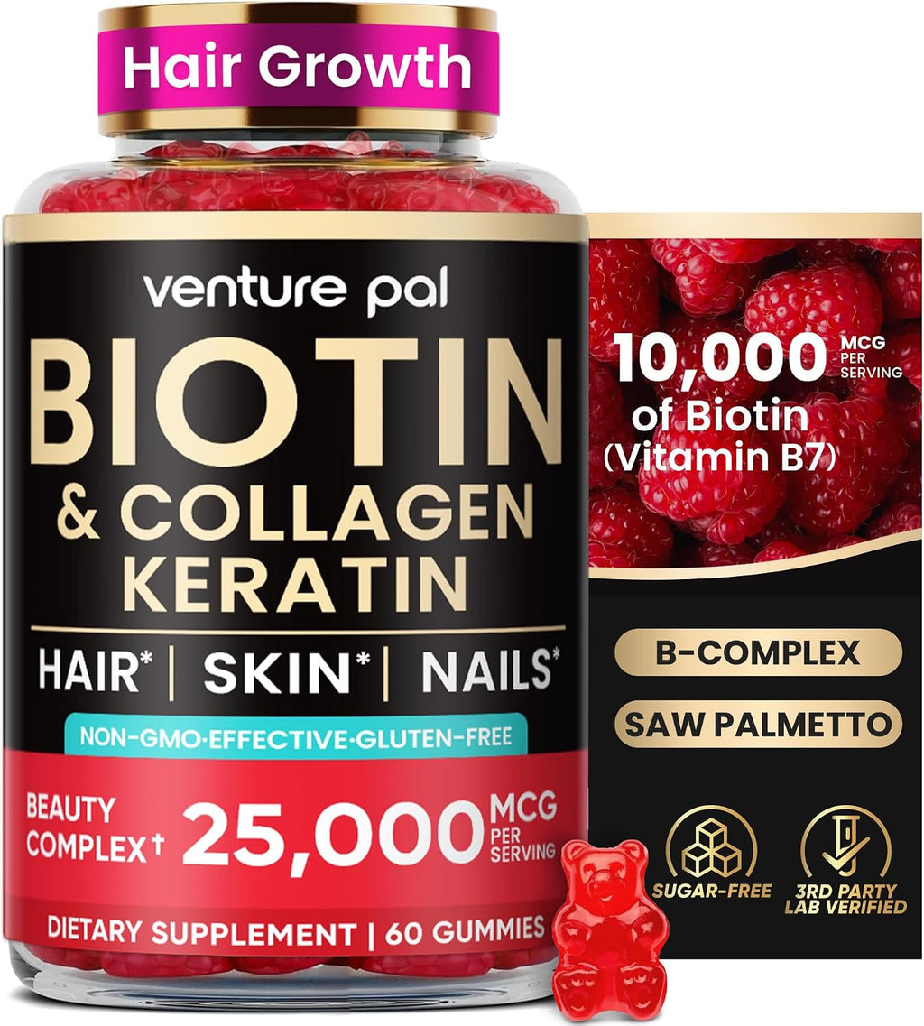 Venture Pal Biotin Gummies con Colágeno y Queratina - 10000 mcg - Sin Azúcar - 60 unidades