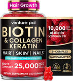 Venture Pal Biotin Gummies con Colágeno y Queratina - 10000 mcg - Sin Azúcar - 60 unidades