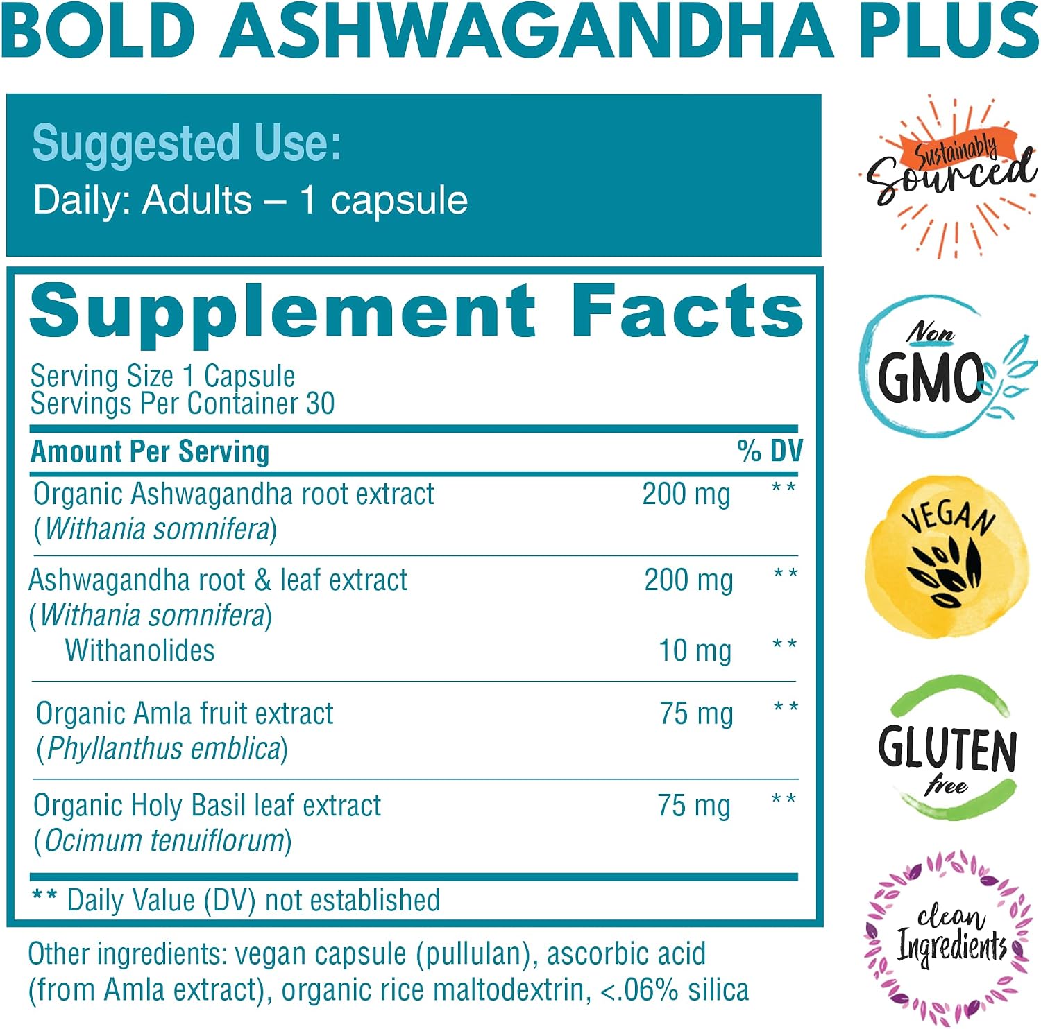 Bold Botanica Ashwagandha Plus – Suplemento de Ashwagandha con Amla y Albahaca Santa – 30 Cápsulas Veganas