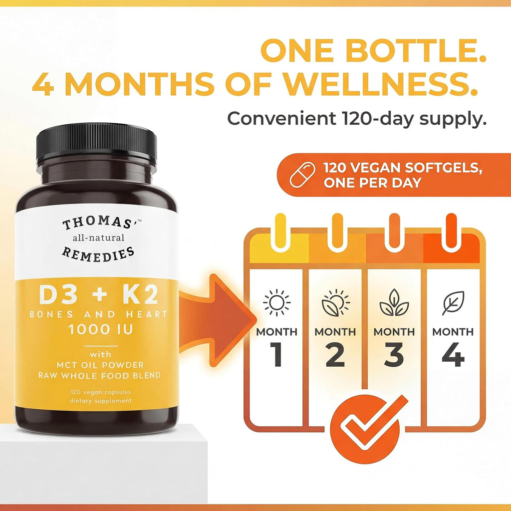 Thomas' all-natural Remedies D3 + K2 con MCT Oil y Mezcla de Alimentos Integrales, 1000 UI D3, Vegano, 120 Cápsulas