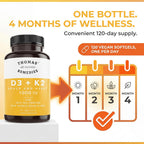 Thomas' all-natural Remedies D3 + K2 con MCT Oil y Mezcla de Alimentos Integrales, 1000 UI D3, Vegano, 120 Cápsulas
