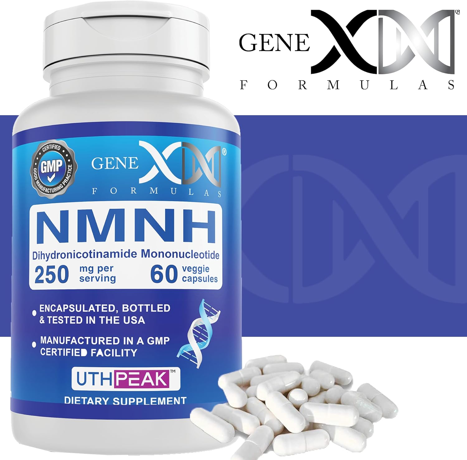 Genex Formulas 250mg NMNH (60 Capsules - 30 Servings) | Uthpeak™ NMNH (Dihydronicotinamide Mononucleotide) NAD+ Precursor for Healthy Aging - Non-GMO, Gluten-Free, Vegetarian