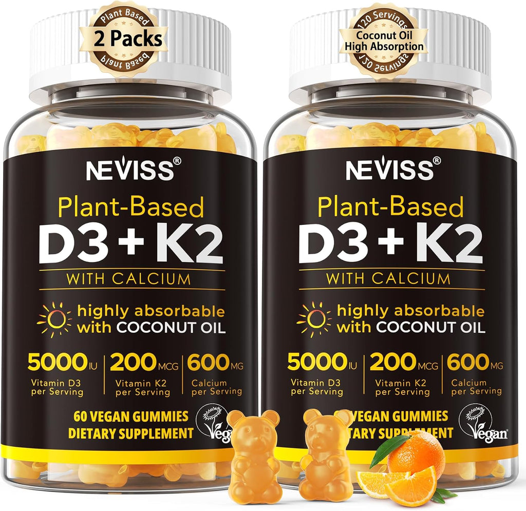 Vitamin D3 K2 Bear Gummies - Vitamina D3 5000 UI, K2 200 mcg + Calcio 600 mg para Adultos, Vegano, 60 Gominolas