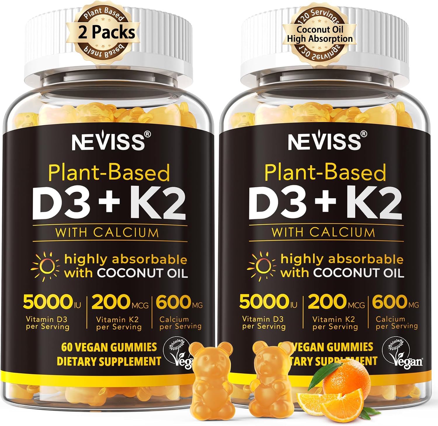 Vitamin D3 K2 Bear Gummies - Vitamina D3 5000 UI, K2 200 mcg + Calcio 600 mg para Adultos, Vegano, 60 Gominolas