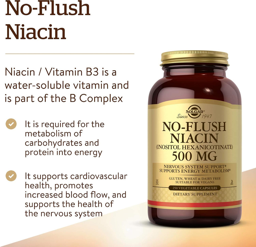 Solgar No-Flush Niacin 500 mg, 250 Vegetable Capsules - No Flushing