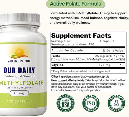 Our Daily Vites L-Metilfolato 15mg - 120 – El folato contribuye a la función psicológica normal. – Image 3