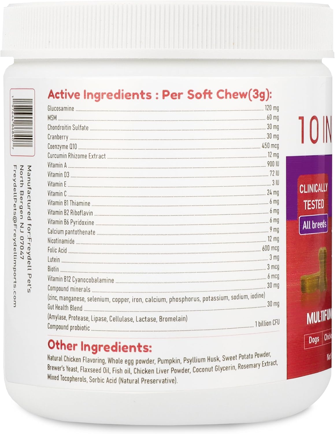 Freydell Pets Suplemento Multivitamínico 10-en-1 para Perros – Glucosamina y Condroitina, Probióticos, Omega-3 para Articulaciones, Digestión y Piel (120 masticables)