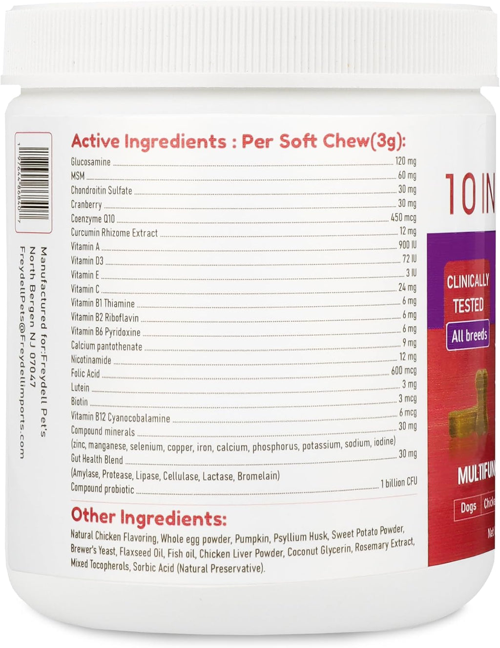 Freydell Pets 10-en-1 Multivitamínico para Perros con Glucosamina y Probióticos - 120 Chews