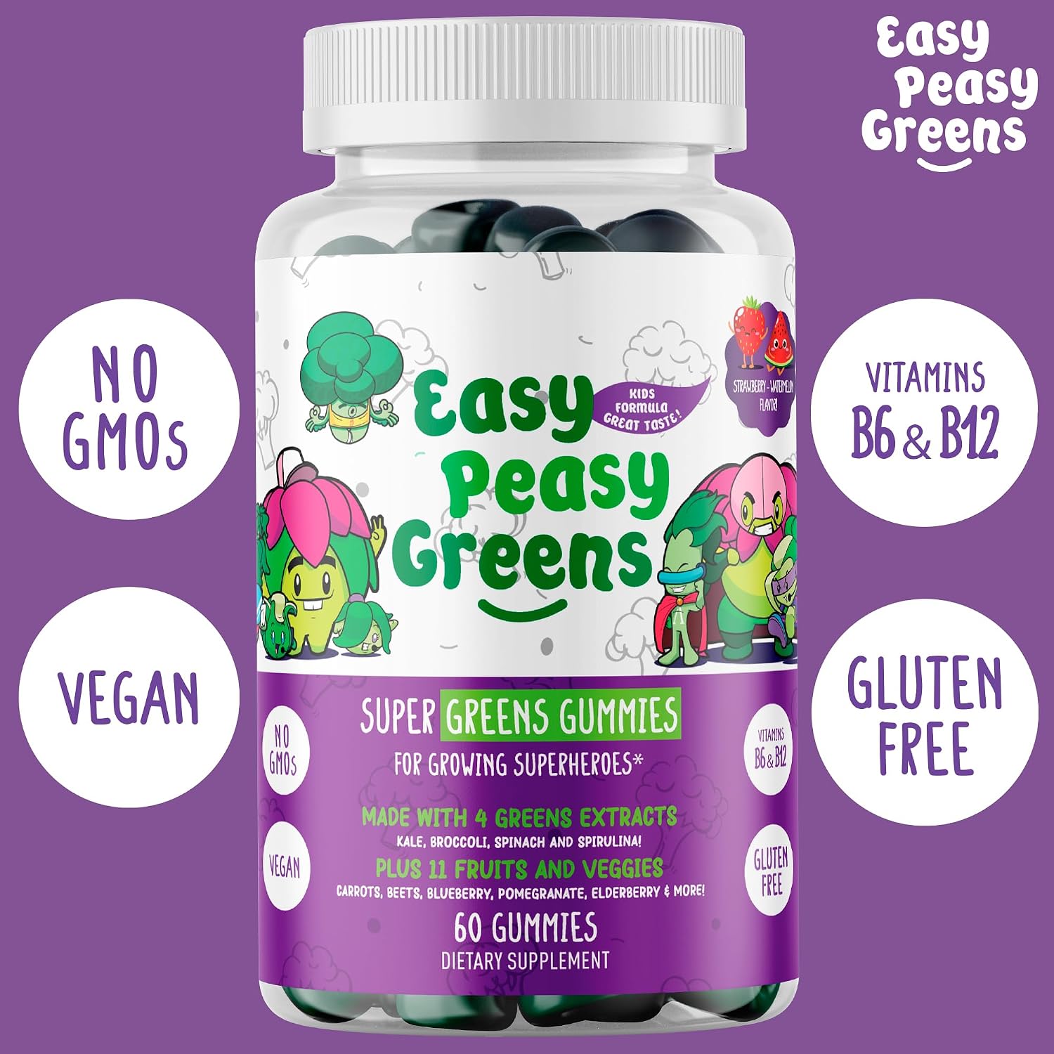 EasyPeasyGreens Daily Veggie Gummies para Niños - 60 Gominolas de Verduras Veganas