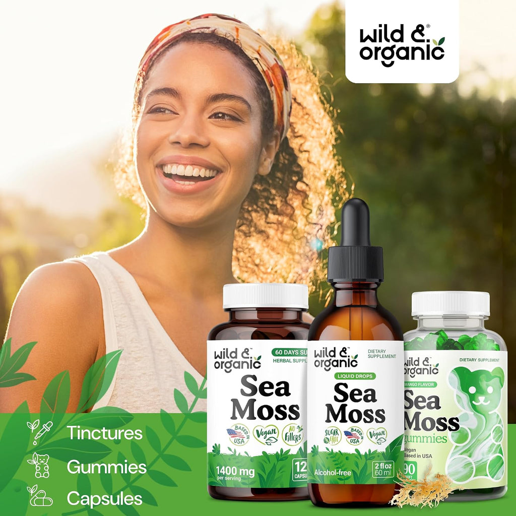 Wild & Organic Gotas Líquidas de Musgo Marino y Bladderwrack - Tintura Multimineral - Vegana, Sin Azúcar ni Alcohol - 60 ml