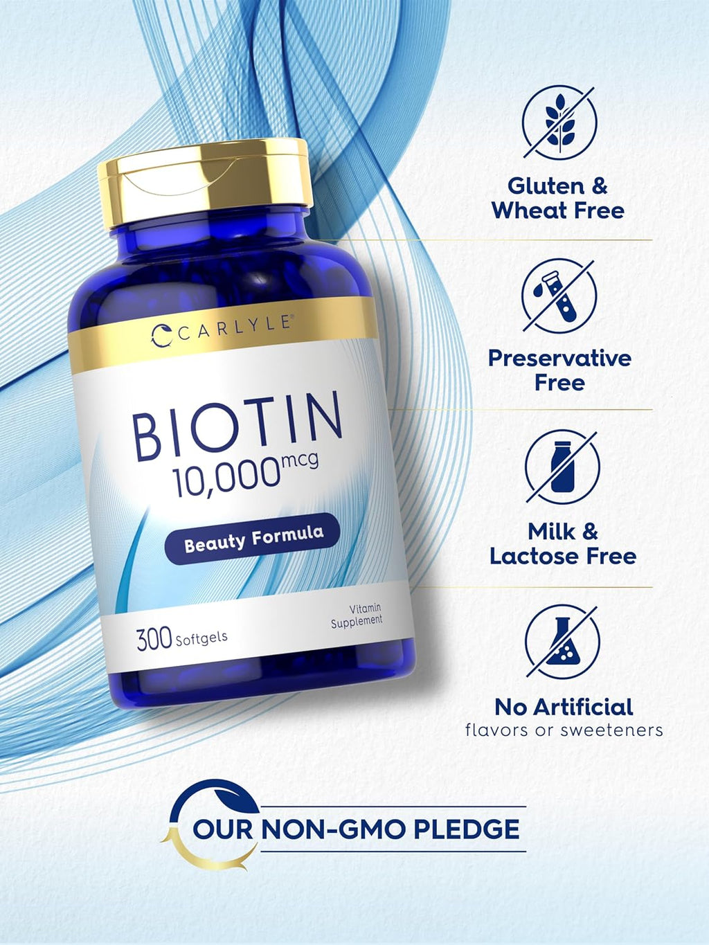 Carlyle Biotina 10000mcg | 300 Cápsulas Blandas | Alta Concentración para Cabello, Piel y Uñas | Sin Gluten, No GMO