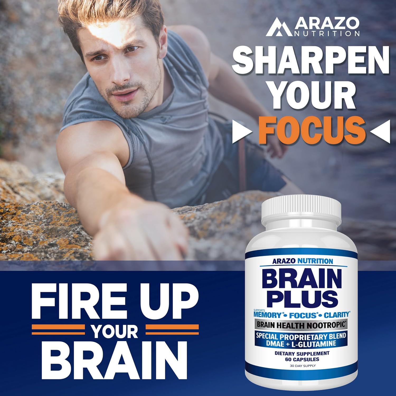 Arazo Nutrition Brain Plus – Suplemento Nootrópico para Memoria, Enfoque y Claridad Mental con DMAE, Bacopa Monnieri, L-Glutamina y Multivitaminas
