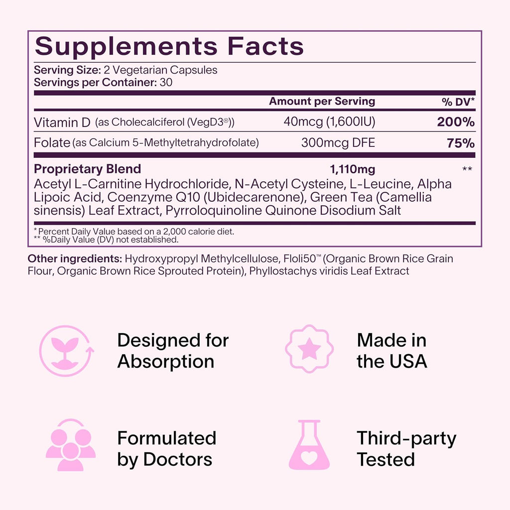 Ladywell Fertility + Egg Health – Suplemento de fertilidad con CoQ10, folato y vitamina D, 60 cápsulas