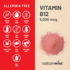 NatureWise Vitamina B12 5000 mcg - Fórmula Extra Fuerte - Complemento para Apoyar los Niveles de Energía, Claridad Mental, Salud del Sistema Nervioso - Fácil de Tragar, Sin Soja ni Gluten, No GMO - 60 Cápsulas Blandas