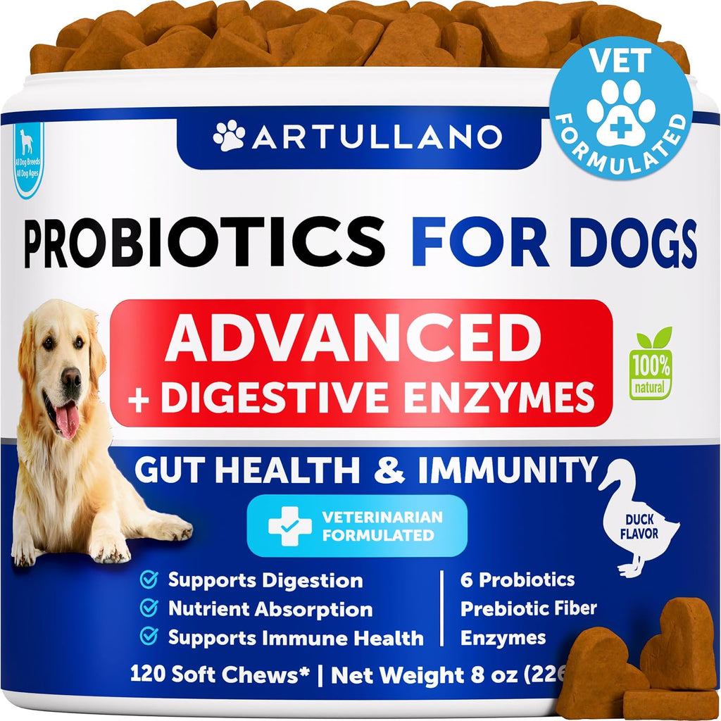 Probióticos para Perros - Apoya la Salud Digestiva, Piel con Picor, Alergias, Inmunidad, Equilibrio de Levaduras - Probióticos y Enzimas Digestivas con Prebióticos - Reduce Diarrea, Gases - 180 Masticables Probióticos para Perros