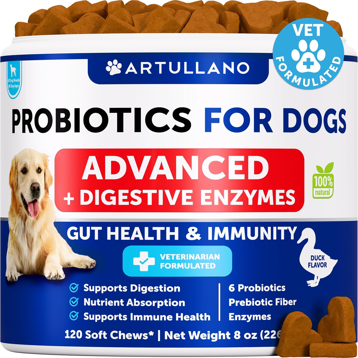 Probióticos para Perros - Apoya la Salud Digestiva, Piel con Picor, Alergias, Inmunidad, Equilibrio de Levaduras - Probióticos y Enzimas Digestivas con Prebióticos - Reduce Diarrea, Gases - 180 Masticables Probióticos para Perros