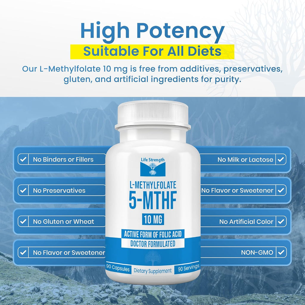 L-Metilfolato 10 mg | 90 Cápsulas | Complemento Bioactivo de 5-MTHF | LifeStrength