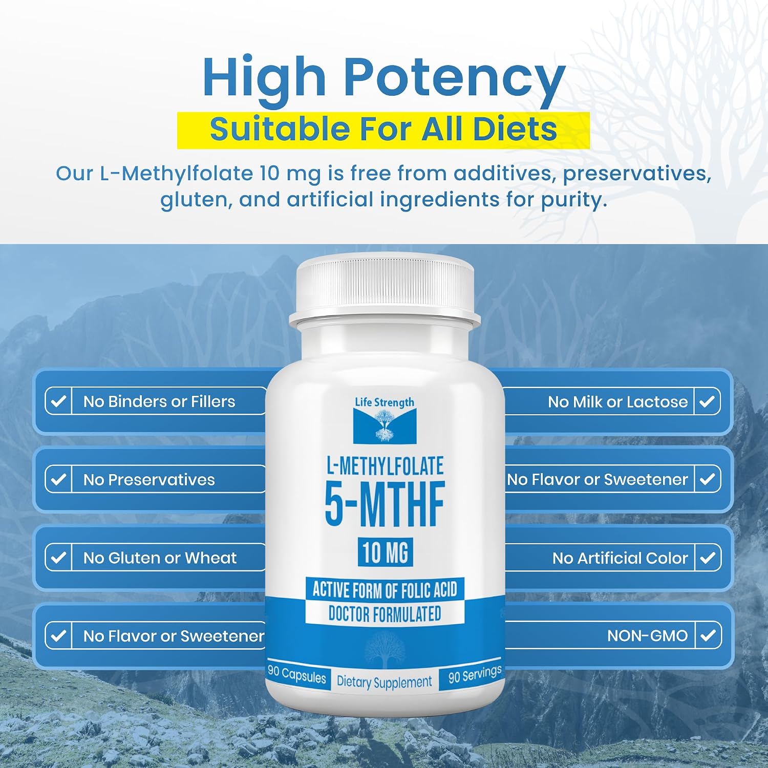 L-Metilfolato 10 mg | 90 Cápsulas | Complemento Bioactivo de 5-MTHF | LifeStrength