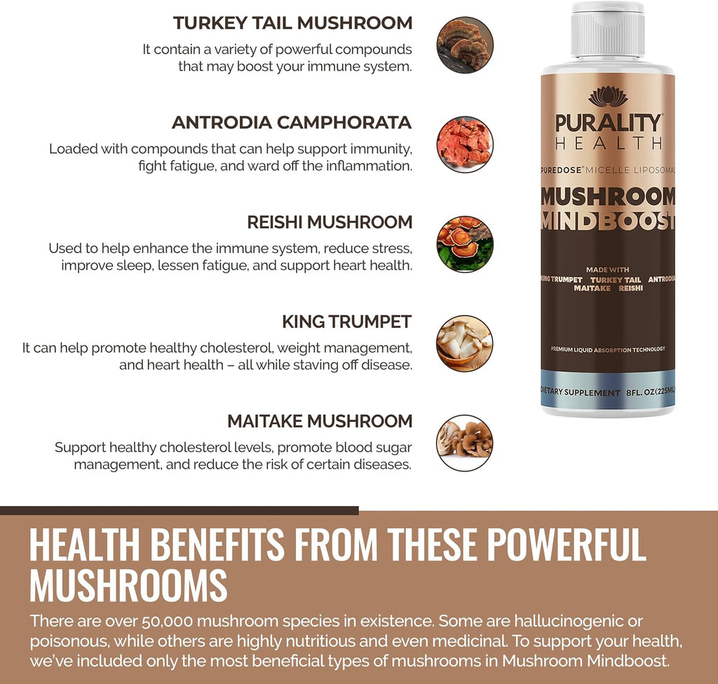 Liposomal Mushroom Mindboost - Mezcla de 5 Hongos - 8 oz (237 ml) - Suplemento Vegano para Energía y Claridad Mental