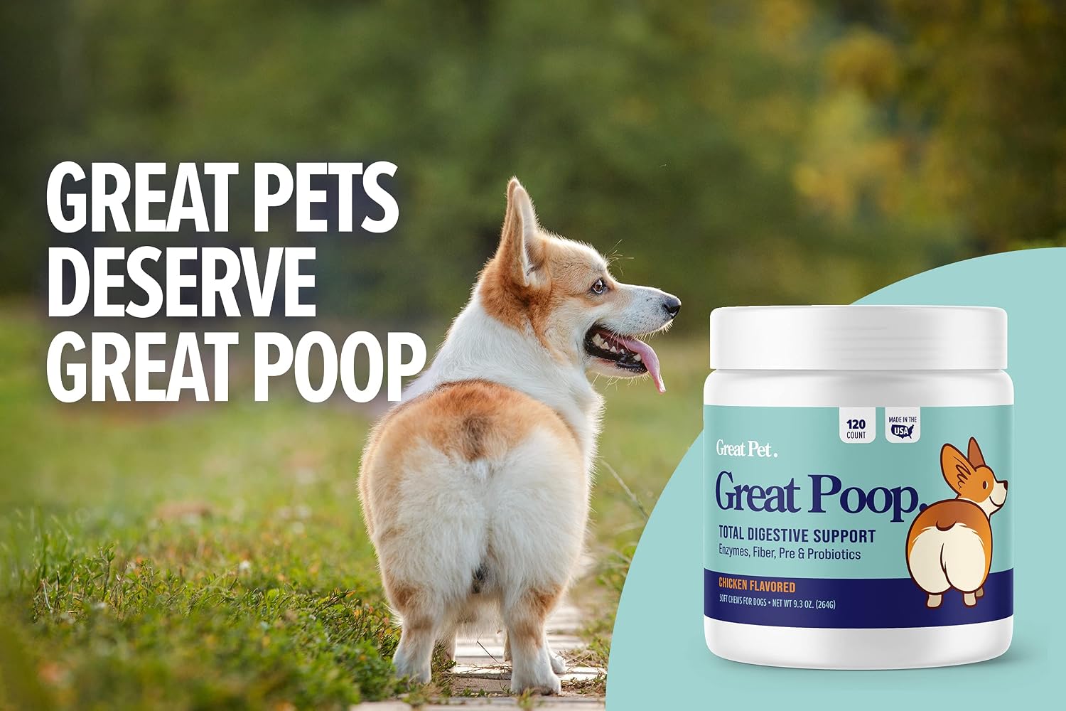 Probióticos para perros Great Poop - Fibra y enzimas digestivas para una salud intestinal óptima (120 masticables sabor pollo)