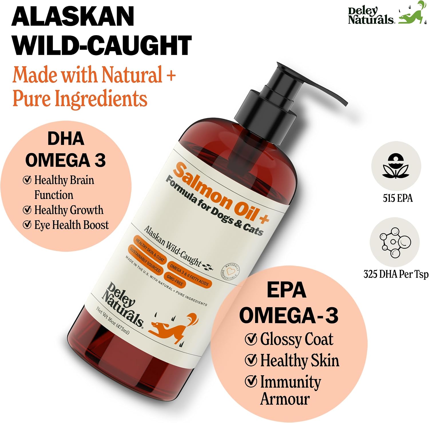 Deley Naturals Aceite de Salmón Salvaje de Alaska para Perros y Gatos - Fórmula Plus Mejorada - 473ml
