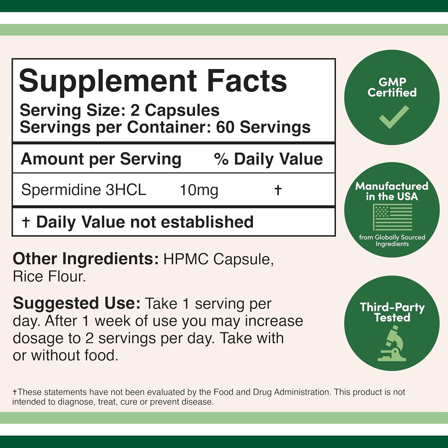 Suplemento de Espermidina (10mg de Espermidina 3HCL 99% Pura) - 120 Cápsulas - Double Wood