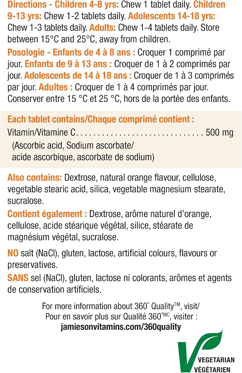 Jamieson Vitamina C Masticable 500 mg - 330 Comprimidos Sabor Naranja