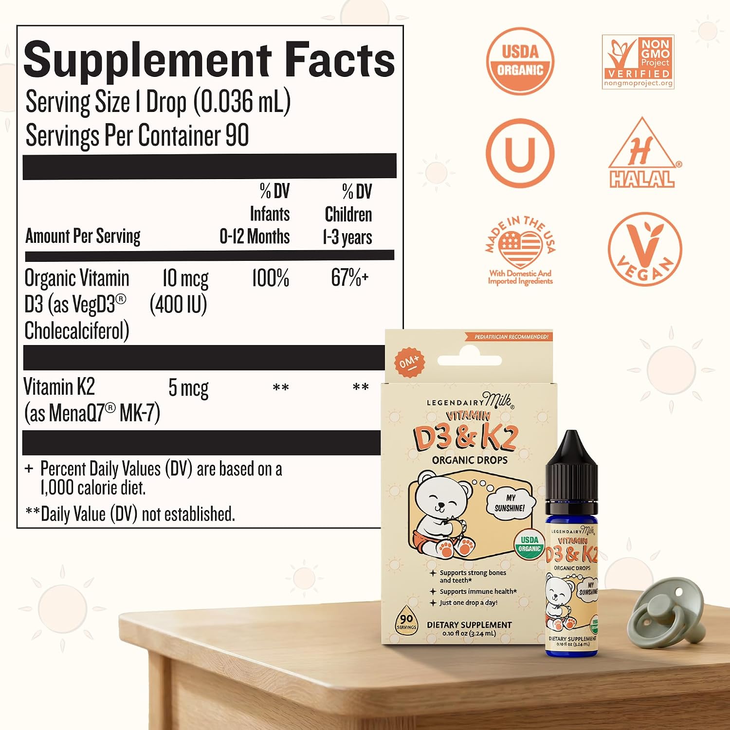 Legendairy Milk Gotas de Vitamina D3 K2 para Bebés, Orgánico, 400 UI, Vegano para Recién Nacidos, Niños Pequeños y Niños, Suplemento Infantil para Huesos y Dientes Fuertes, Sin Azúcar, 90 Servicios