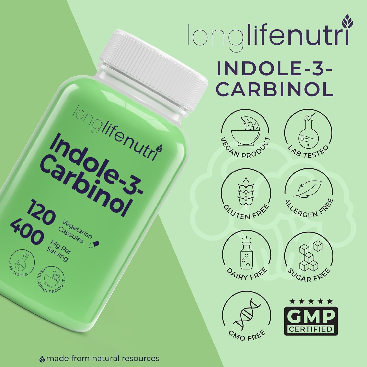 LongLifeNutri Indole-3-Carbinol 400mg – 120 Cápsulas Vegetales (4 Meses de Suministro)