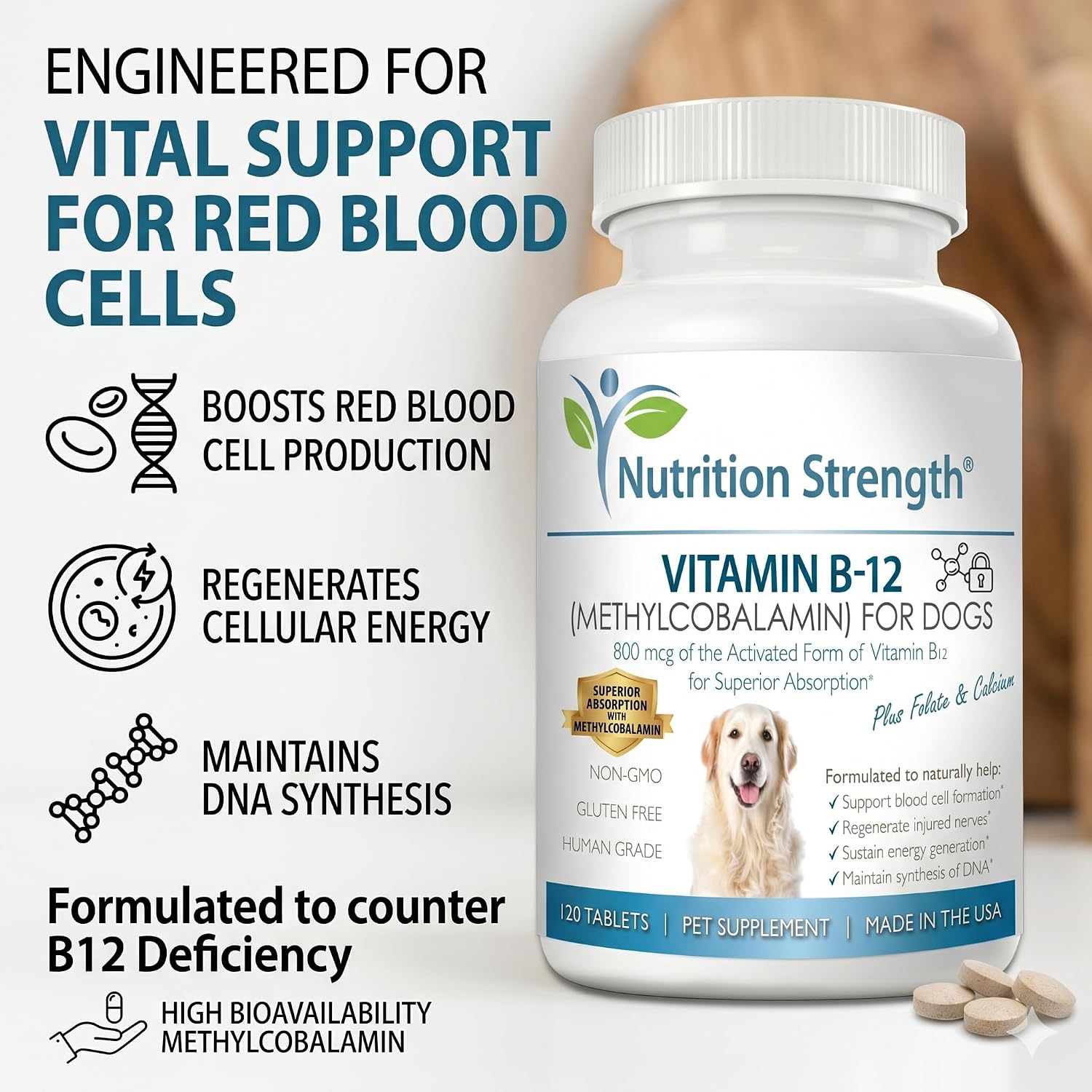 Nutrition Strength Vitamina B12 para Perros con Folato y Calcio - 120 Comprimidos Masticables