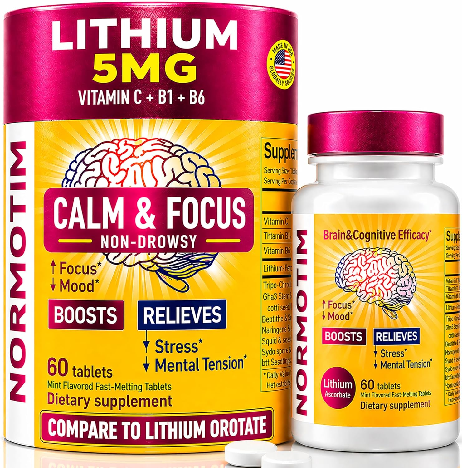 NORMOTIM Calm & Focus Support – Lithium Ascorbato 5mg con Vitaminas C, B1 y B6 – 60 Comprimidos de Disolución Rápida