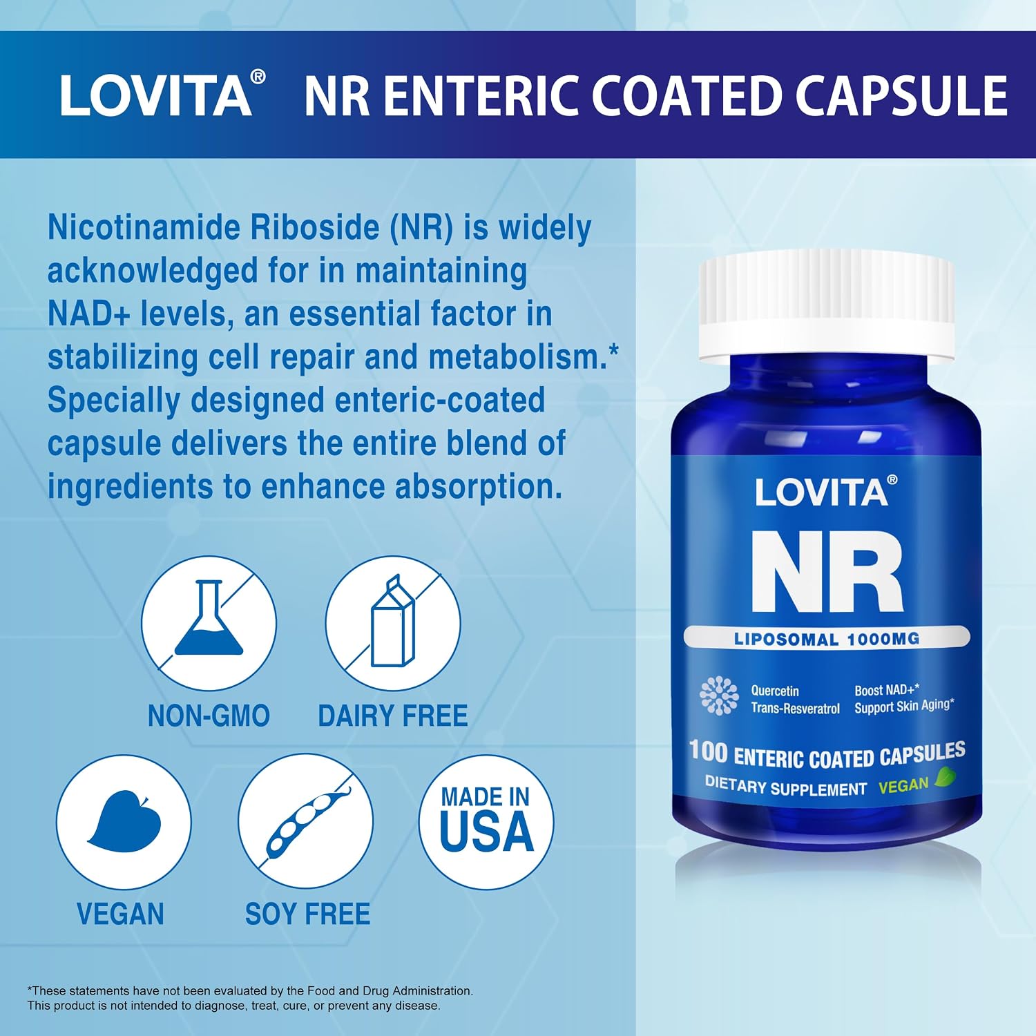 LOVITA Liposomal NR (Nicotinamida Ribósido) 1000 mg con Quercetina y Trans-Resveratrol – 100 Cápsulas Veganas