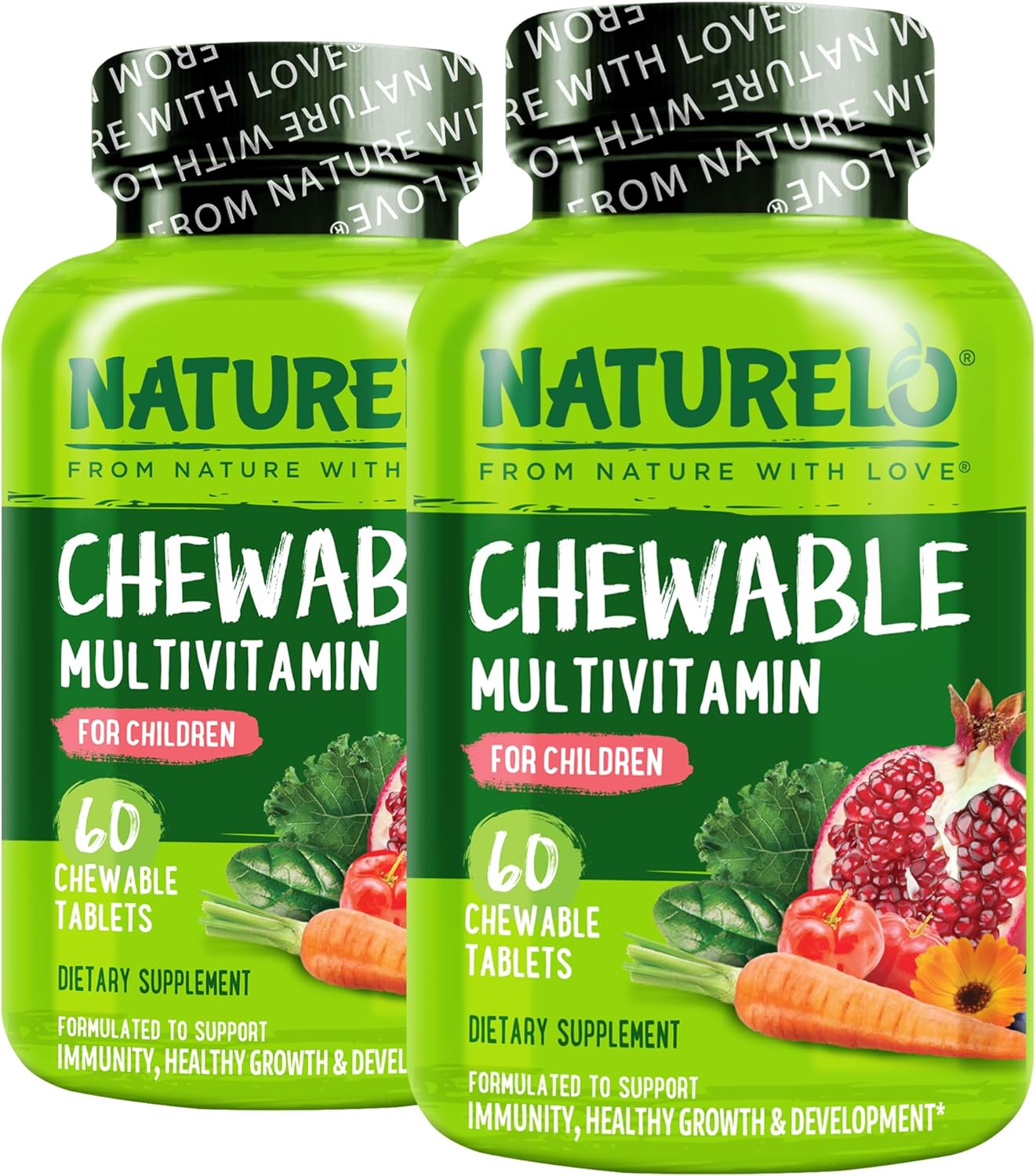 NATURELO Multivitamínico Masticable para Niños con Mezcla de Frutas y Verduras Ecológicas - 60 Comprimidos (Paquete de 2)