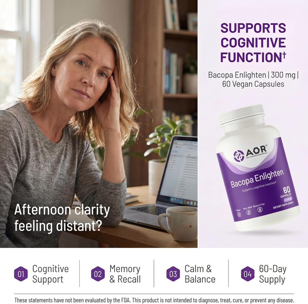 AOR Bacopa Enlighten 300 mg, 60 Cápsulas Veganas, Extracto de Bacopa Monnieri, Fórmula Vegana, Sin OGM, Sin Gluten, Hecho en Canadá