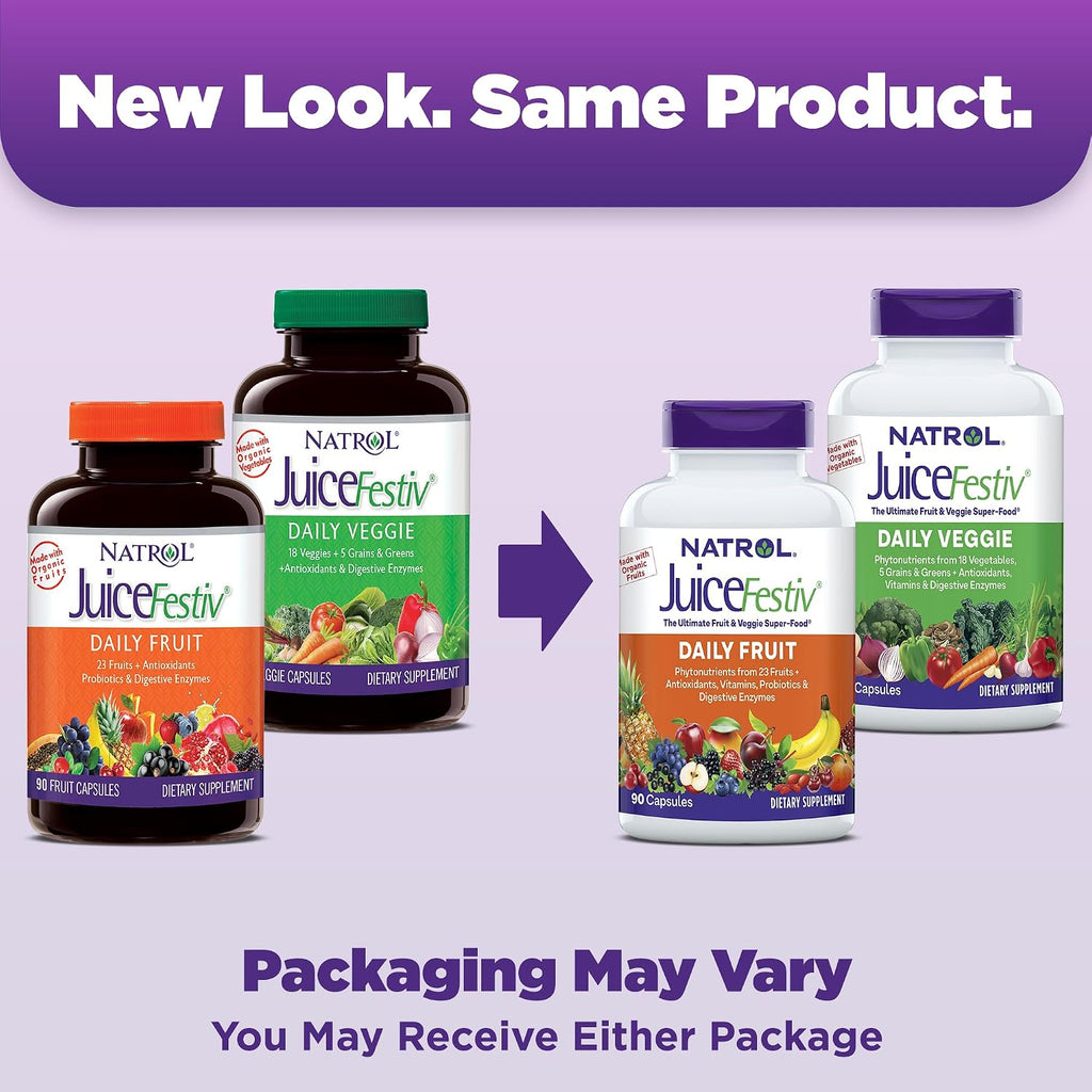 Natrol JuiceFestiv, Cápsulas de Frutas y Verduras Orgánicas con Probióticos y Enzimas, 90 Cápsulas (2 Envases)