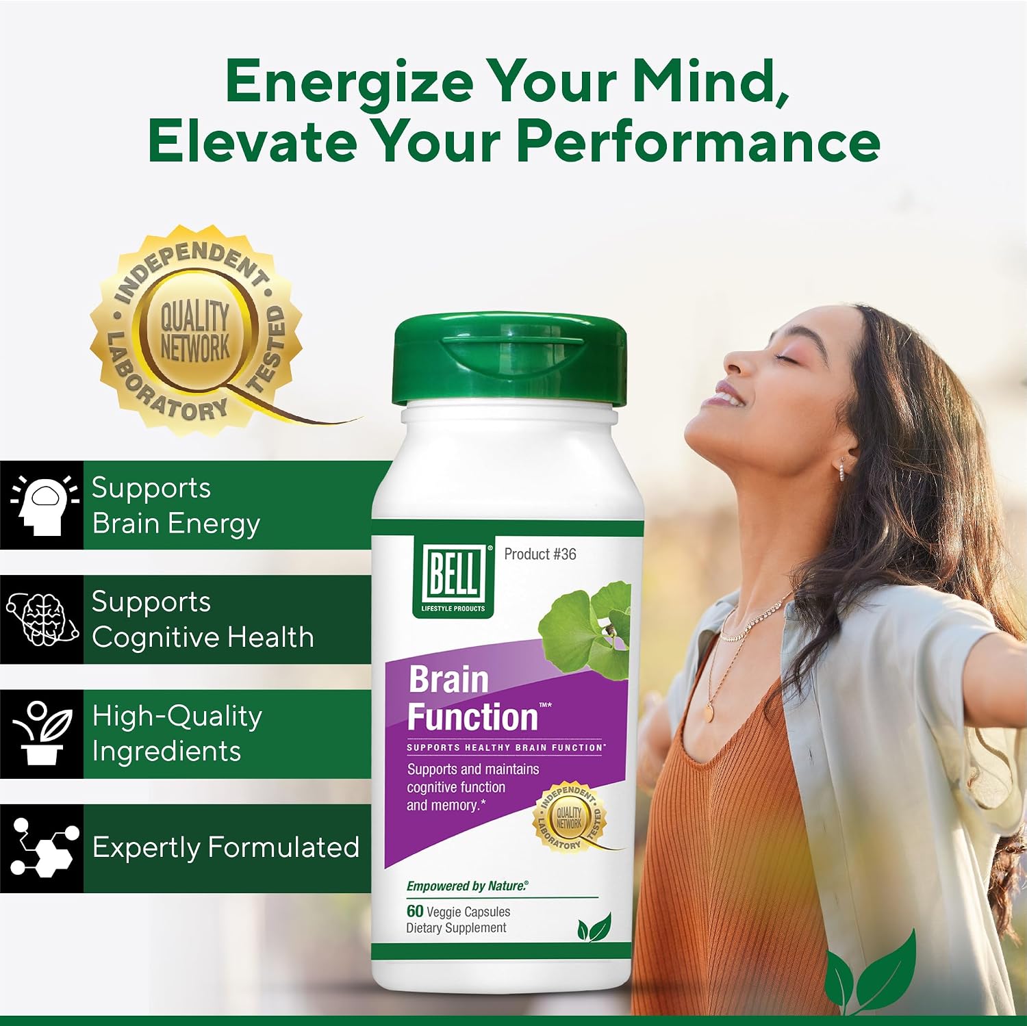Bell Brain Function Lifestyle - Apoyo Cognitivo con Ginkgo, Vitamina B12 y Folato - 60 Cápsulas Vegetarianas