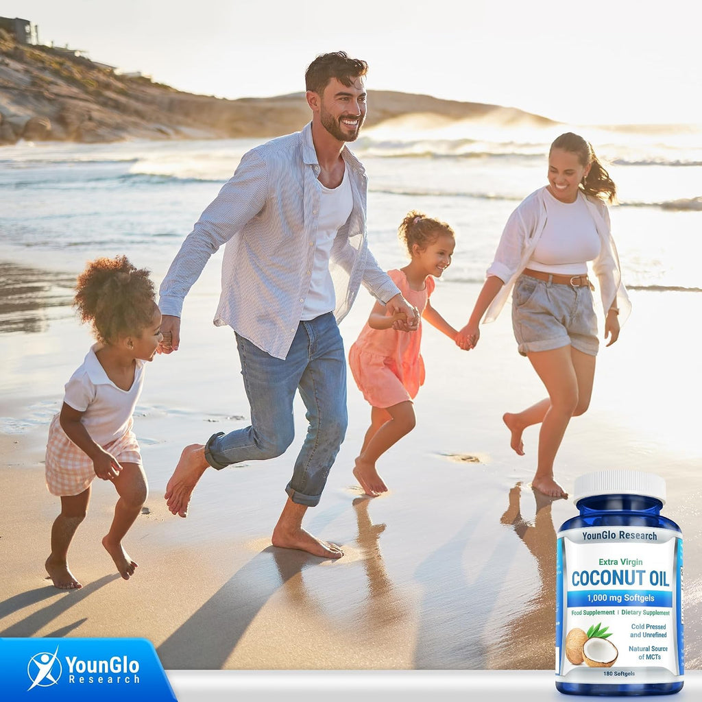 YounGlo Research Coconut Oil 1000 mg 100% Cold Pressed Organic Extra Virgin 180 Veggie Capsules