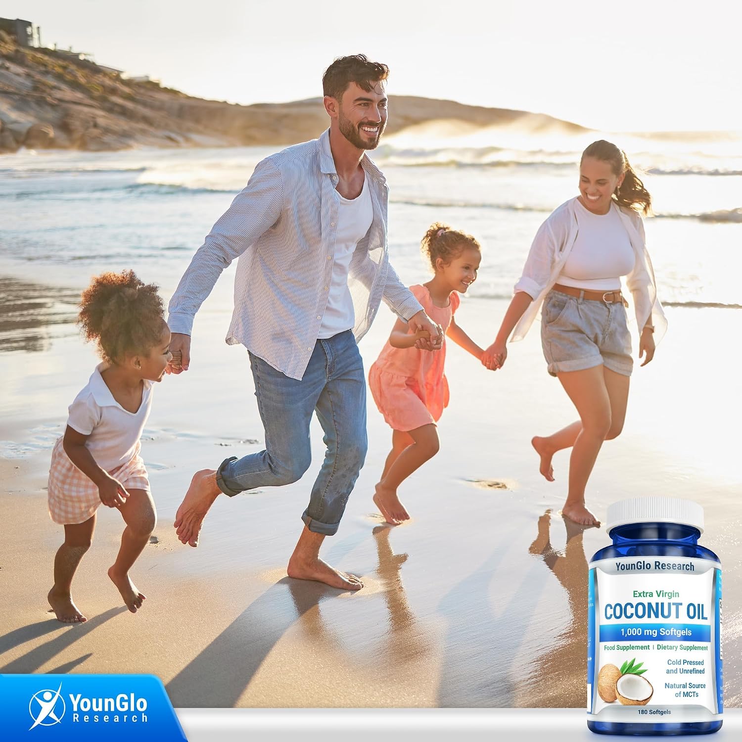 YounGlo Research Coconut Oil 1000 mg 100% Cold Pressed Organic Extra Virgin 180 Veggie Capsules