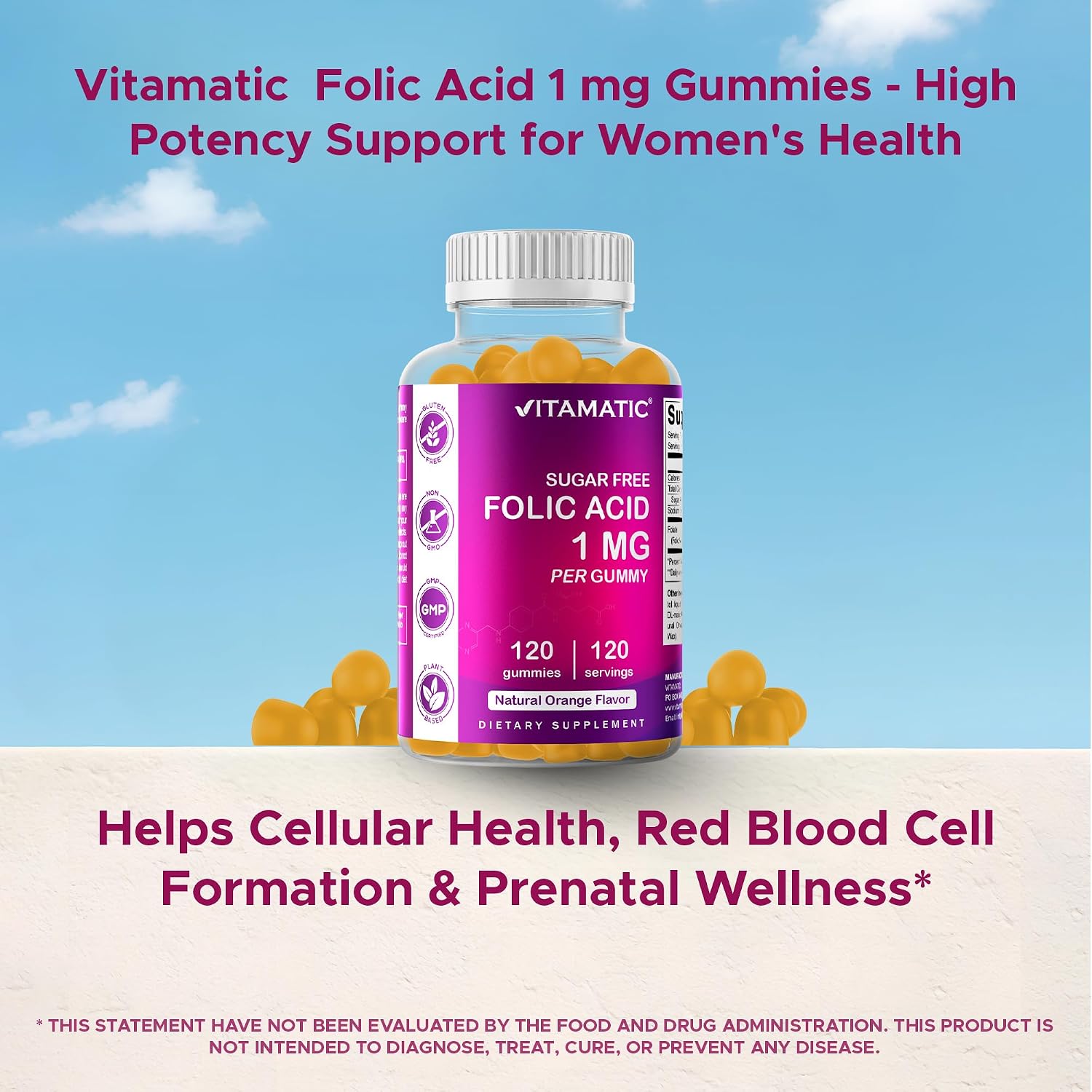 Vitamatic Ácido Fólico Gominolas 1000 mcg (1 mg) – Vitamina B9 (1667 mcg DFE) – Sin Azúcar – Sabor Naranja Natural – Vegano – 120 Gominolas