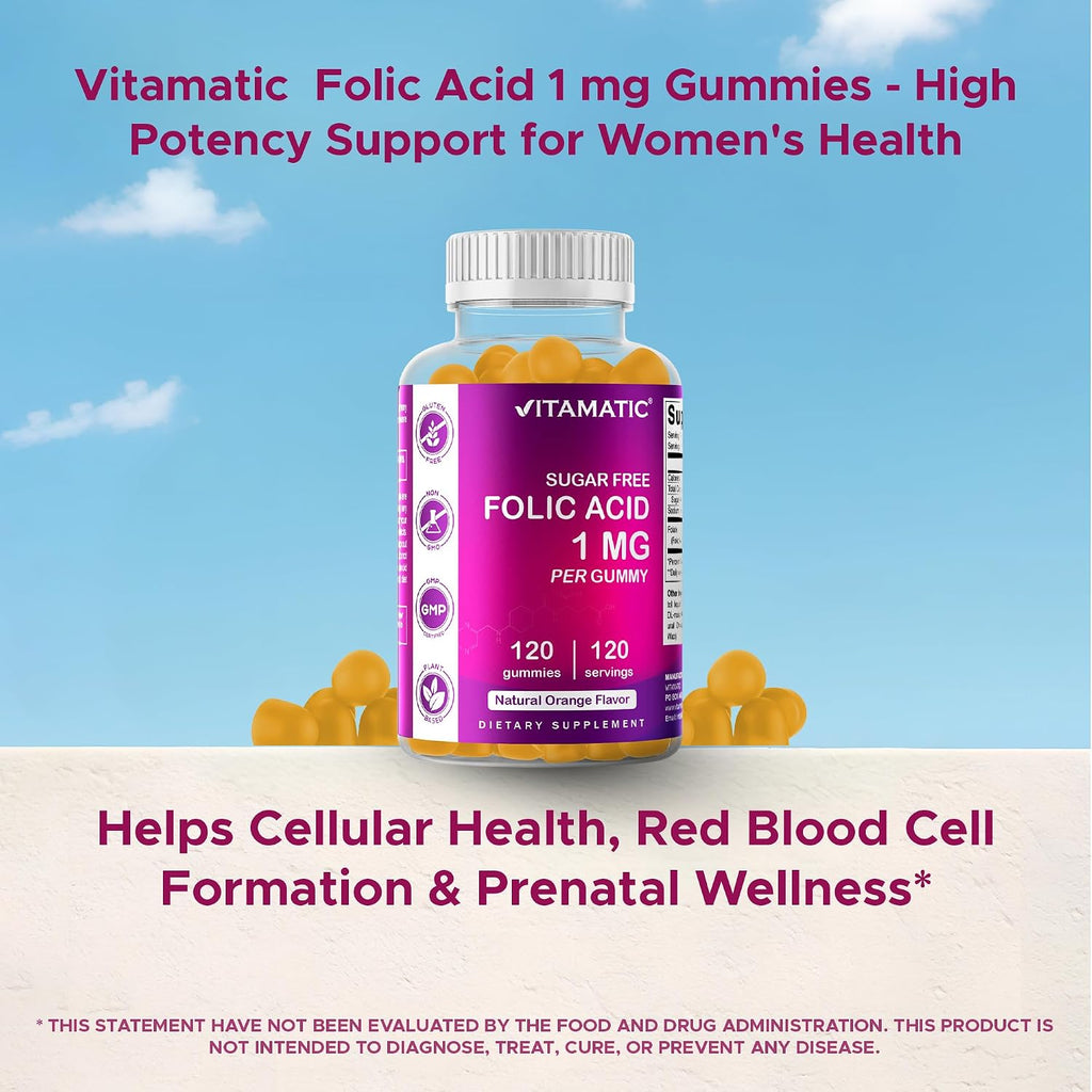 Vitamatic Ácido Fólico Gummies 1000 mcg (1 mg) - 120 Gominolas Veganas, Paquete de 2
