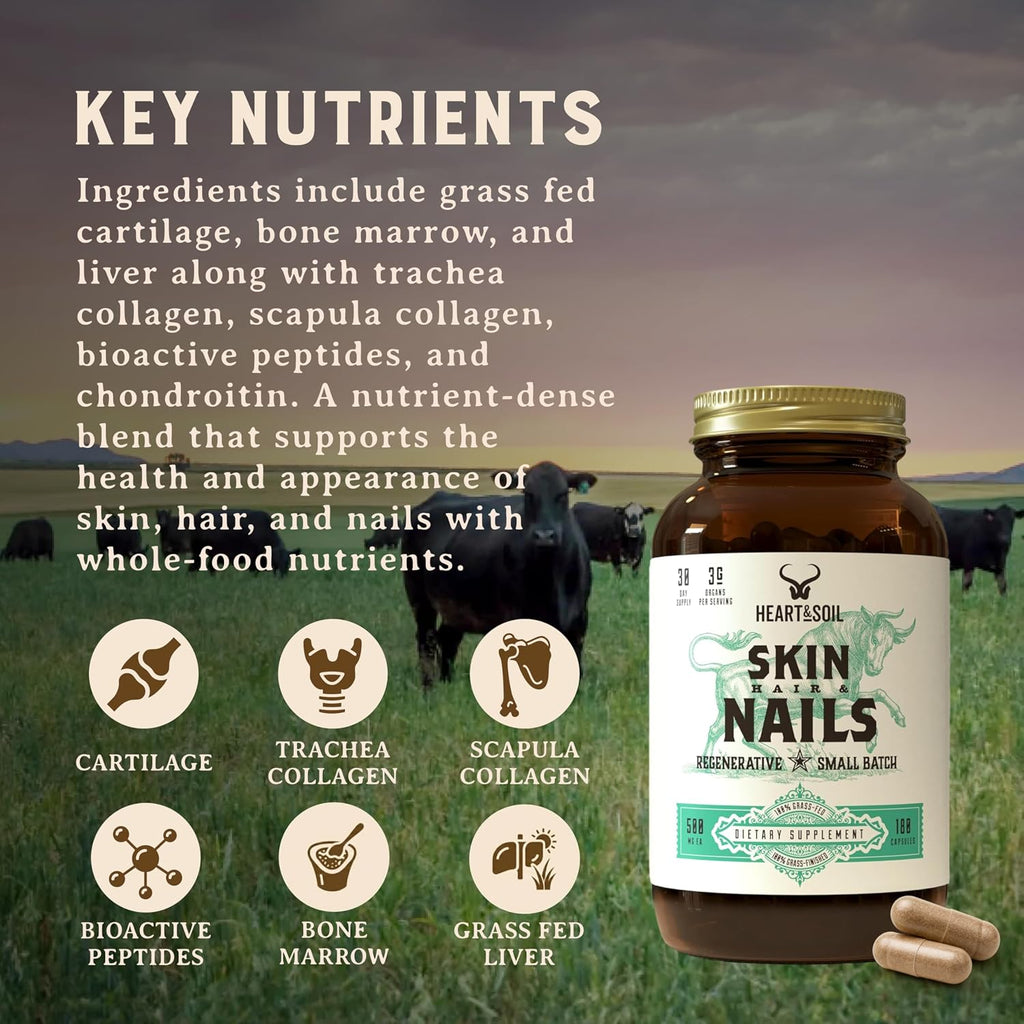 Heart & Soil – Suplemento de biotina y órganos de vaca para cabello, piel y uñas – 180 cápsulas