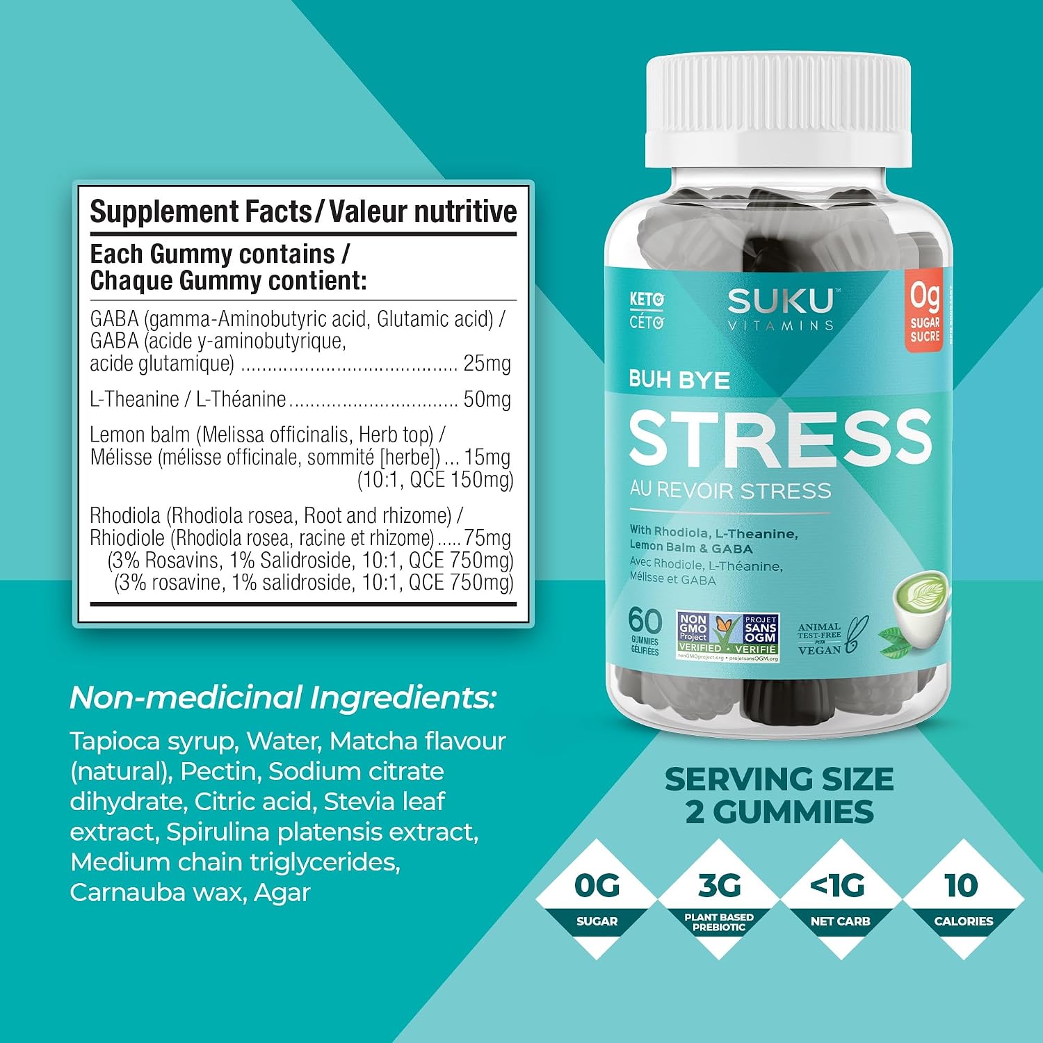 SUKU Vitamins - Buh Bye Stress Gominolas Relajantes - Rhodiola, Melisa, L-Teanina, GABA - 50 unidades