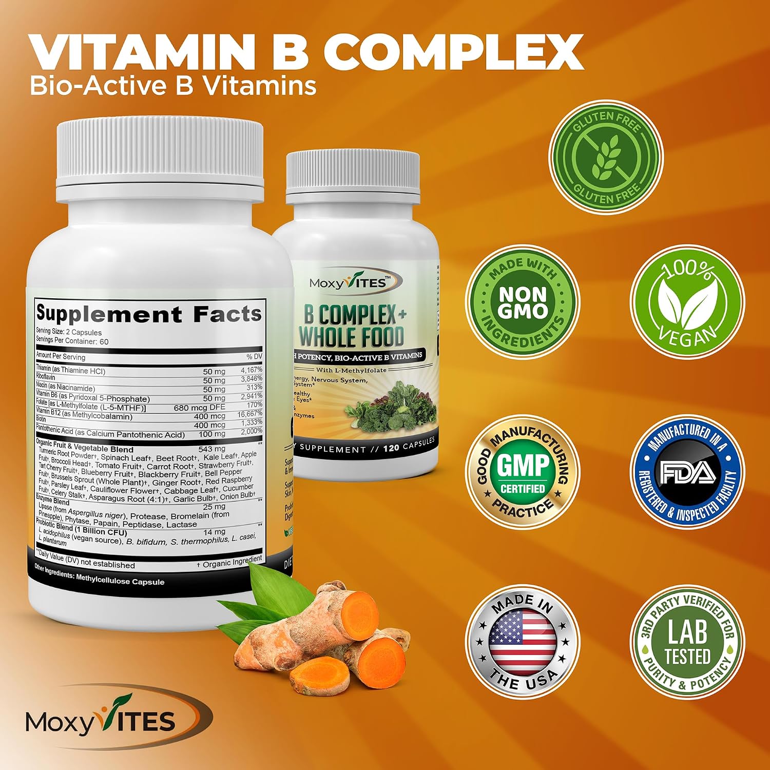 MoxyVites Complejo de Vitaminas B - Suplemento Alimenticio con B12 Metilcobalamina, B1, B2, B3, B5, B6, B7, B9 - Apoyo para Estrés, Energía y Sistema Inmunitario, Vegano, 120 Cápsulas