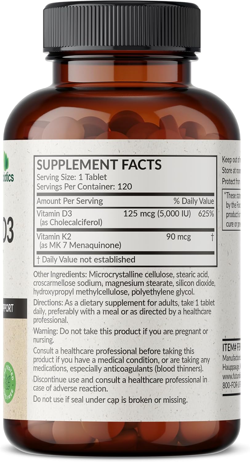 Futurebiotics Vitamina K2 con D3, 2 en 1, 5000 UI Vitamina D3 y 90 mcg Vitamina K2 MK-7, 120 Comprimidos