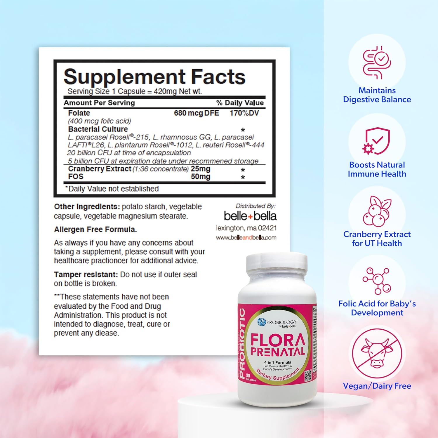 belle+bella Probiology Flora Prenatal Cápsulas - Probiótico y Prebiótico con Ácido Fólico para Embarazo y Postparto - 30 Cápsulas