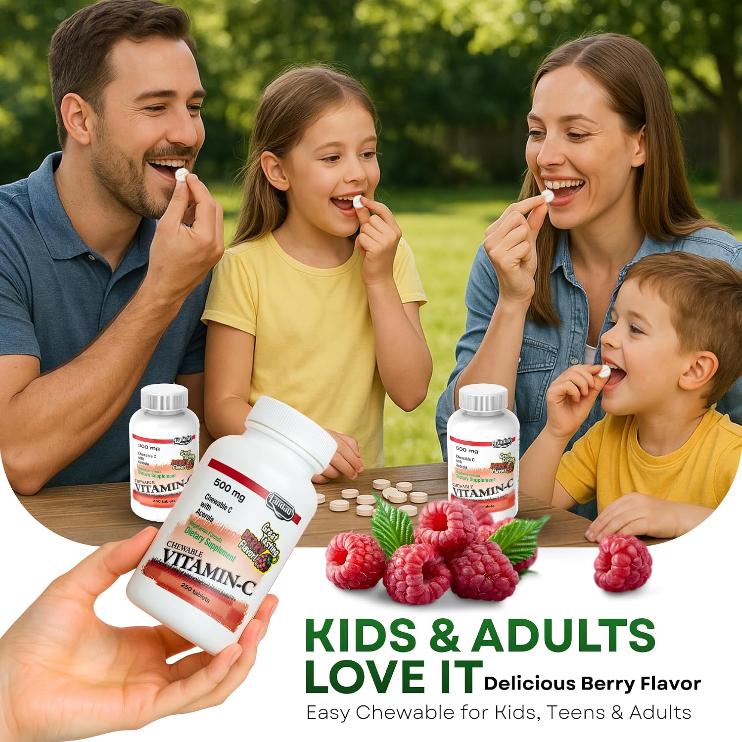 LANDAU 500 mg Vitamina C Masticable con Acerola para Niños y Adultos – Suplemento de Vitamina C – Kosher y Fabricado en EE. UU. – Delicioso Sabor a Bayas, 250 Comprimidos