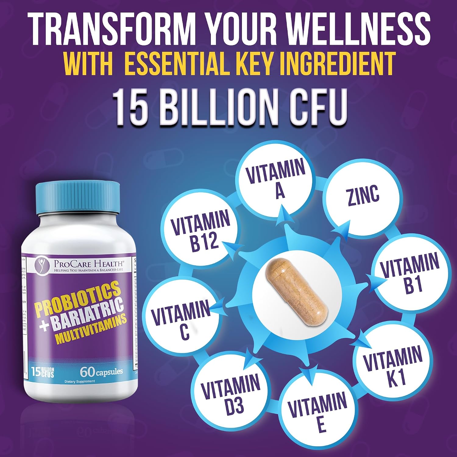 ProCare Health Multivitamínico Bariátrico con Probióticos y Hierro 45mg - 60 Cápsulas Vegetales de Disolución Rápida