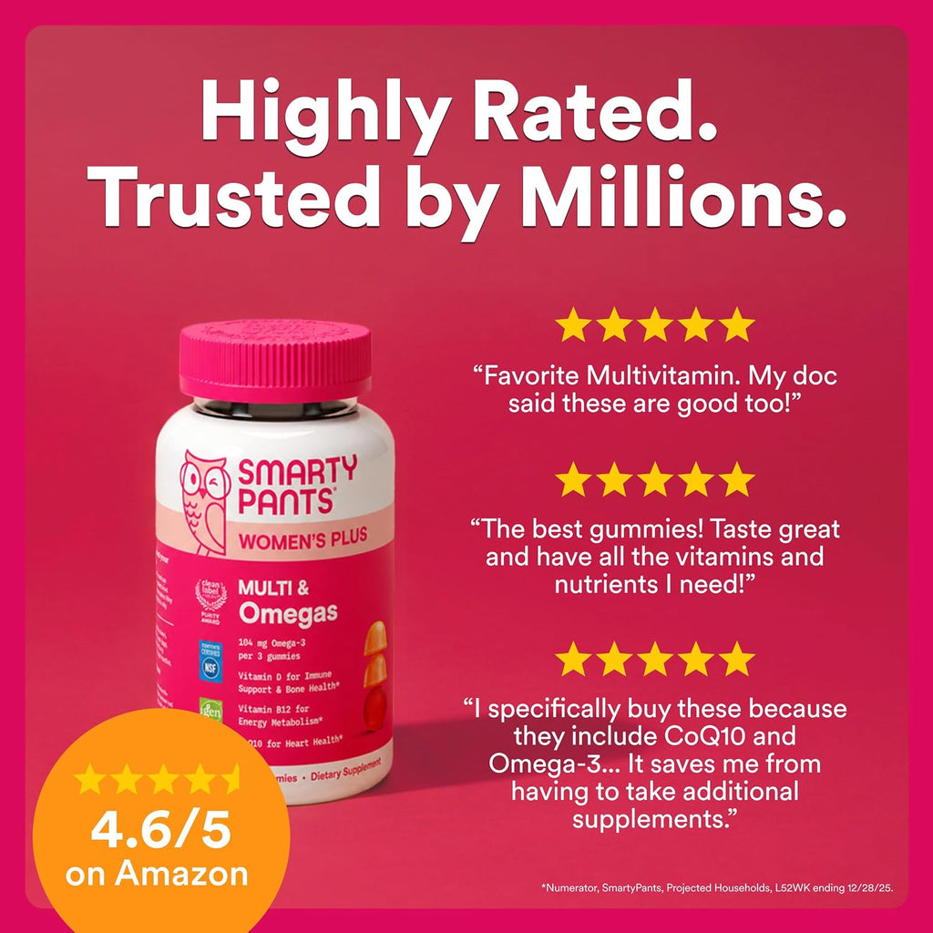 SmartyPants Gominolas Multivitamínicas para Mujeres, Omega 3 DHA/EPA, Metilfolato, CoQ10, Vitamina D3, C, B12, B6, A, K, Zinc, Tres Sabores de Fruta, 90 Gominolas (Suministro para 30 Días)